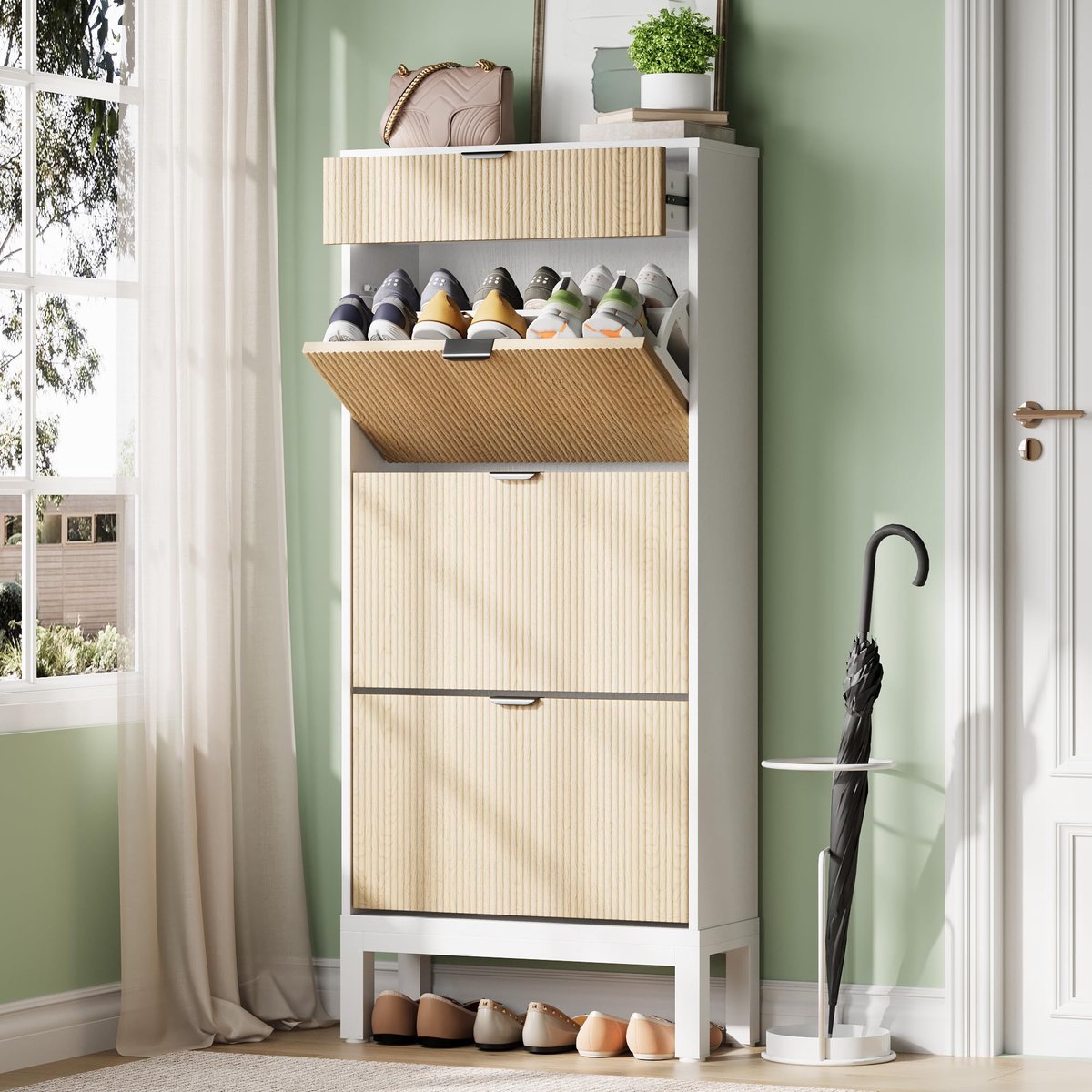 Moderne geribbelde schoenenkast voor de entree – 3 kantelbare laden, verstelbare schappen, slank ruimtebesparend ontwerp, verborgen opslag voor 12‑18 paar schoenen, metalen poten