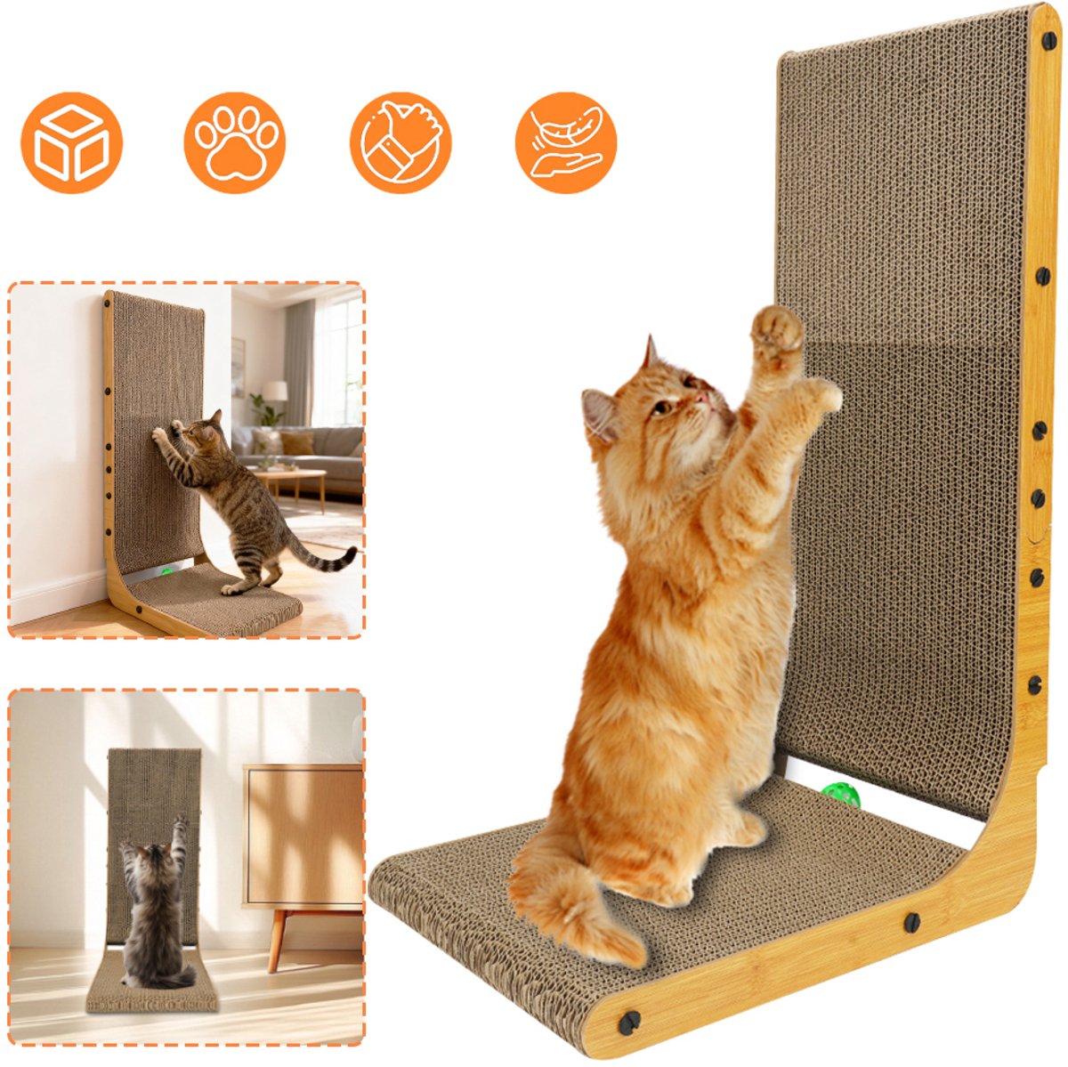 Grote L-Vormige Krabmat Voor Katten Met Speelbal - Gemaakt Van Stevig Karton Duurzaam 68x42 cm Eenvoudig Te Installeren - Ideaal Voor Binnenkatten