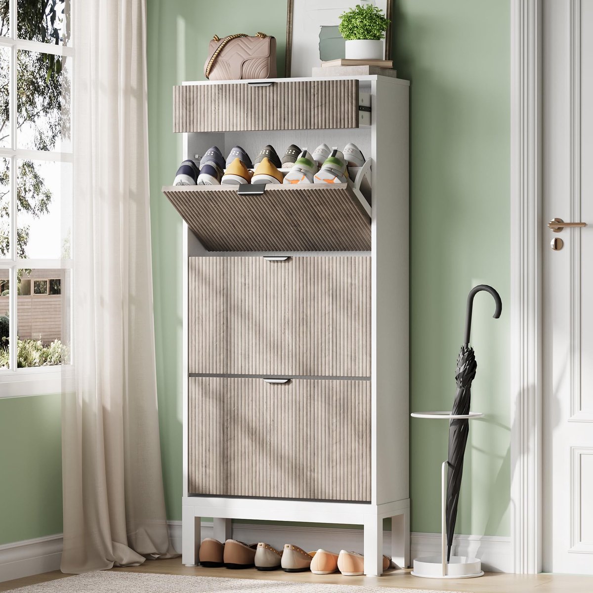 Moderne geribbelde schoenenkast voor de entree – 3 kantelbare laden, verstelbare schappen, slank ruimtebesparend ontwerp, verborgen opslag voor 12‑18 paar schoenen, metalen poten