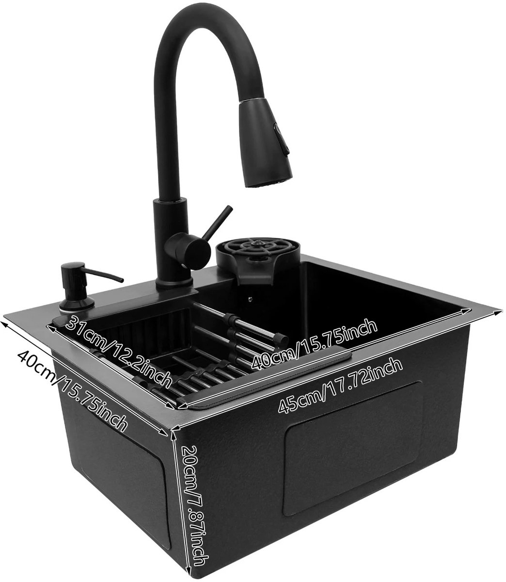 Lamor Spoelbak - Spoelbakken - Keuken - Uittrekbare kraan - Roestvrij staal - 45x40cm - Bekerreiniger - Afvoermand - Zeepdispenser
