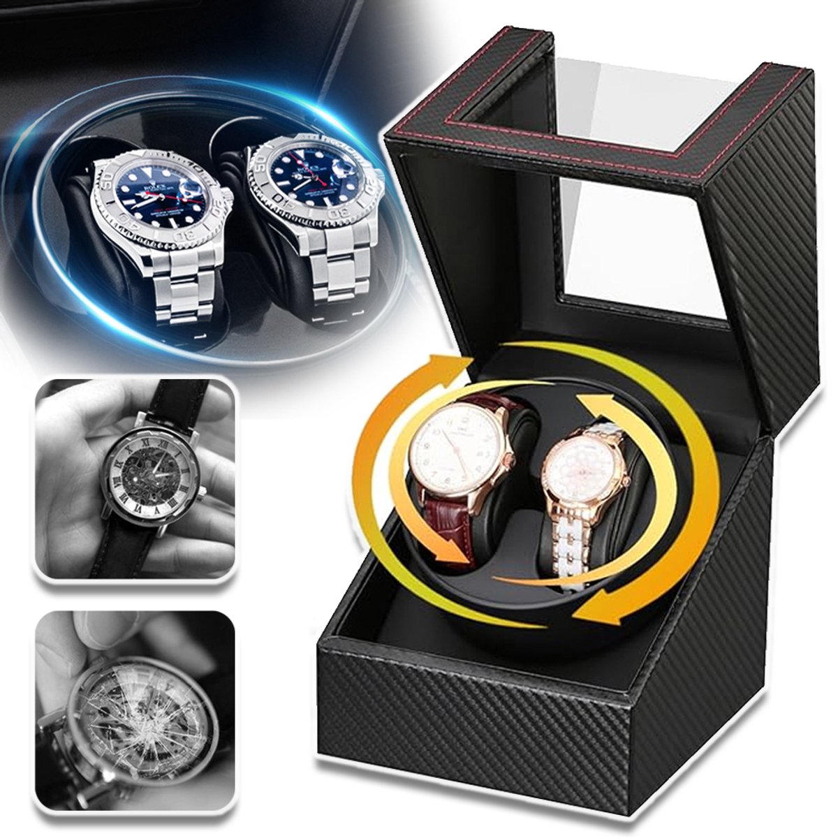 Horlogewinder Met Stille Motor En 2 Rotatiestanden - PU-Leer Acrylglas Venster USB-Voeding - Vitrine Voor één Horloge - Zwart Koolstofvezel