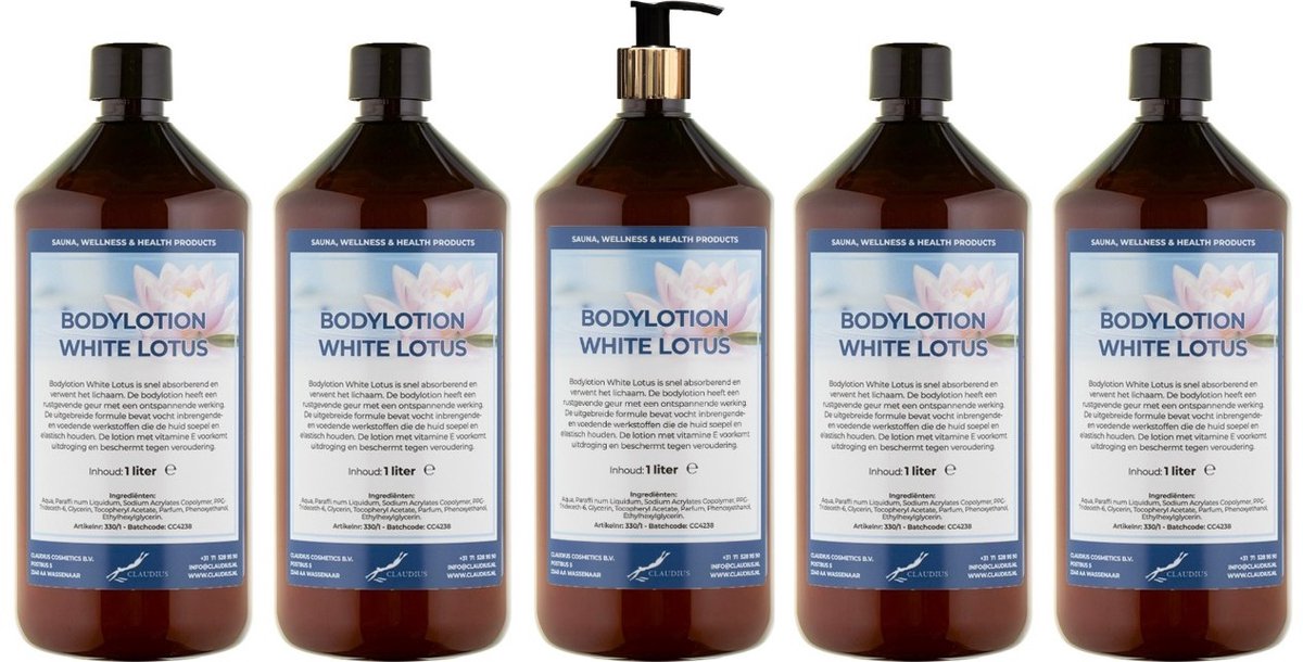 Bodylotion White Lotus 1 Liter - met gouden pomp - set van 5 stuks - Voordeelverpakking