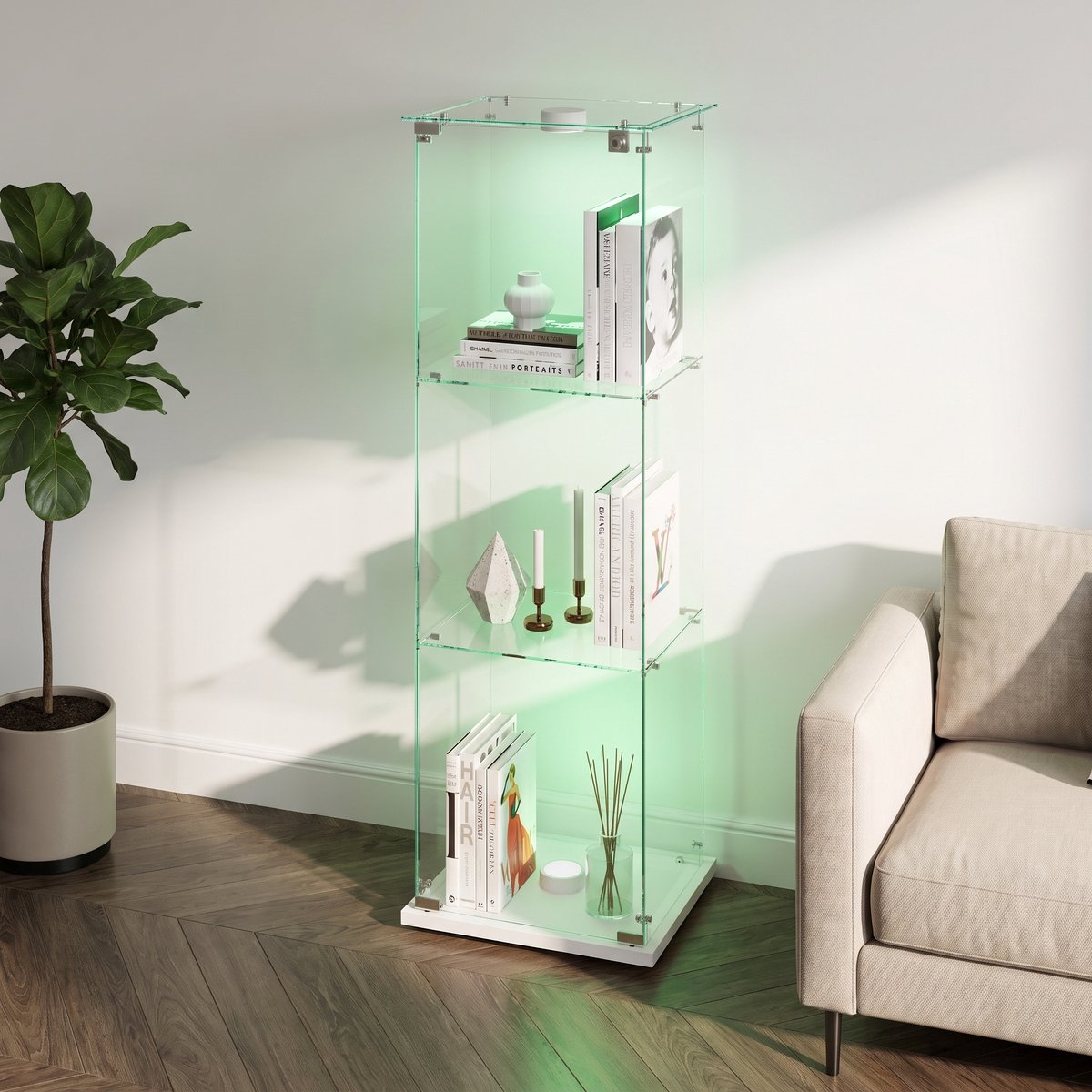 Glazen Vitrinekast, Verticale Kast met 3 Niveaus voor Verzamelobjecten, Boeken en Wijn; Geschikt voor Kantoor, Woonkamer of Keuken; 123,5 x 39,8 x 35 cm; met Verlichting (Wit)