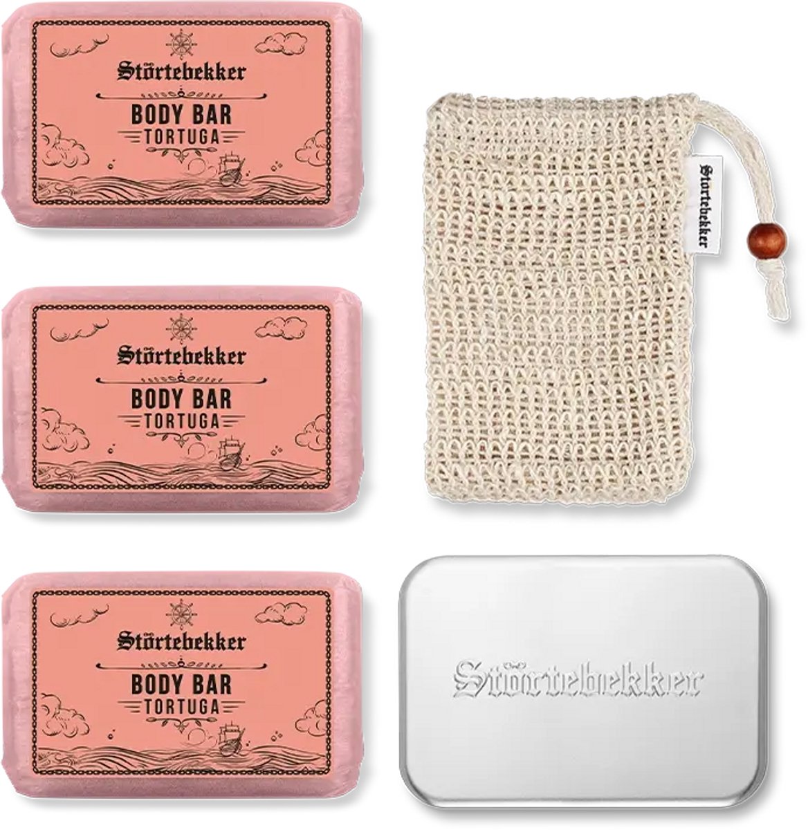 Störtebekker® Premium Douche Set Body Tortuga - Shower Set Heren met Exotisch-Kruidige Houtgeur - Vaste Douchezeep (3x 120g), Sisal Washandje & Zeepdoos - Vegan met Sheaboter - Handgemaakt in Nederland - Plasticvrij