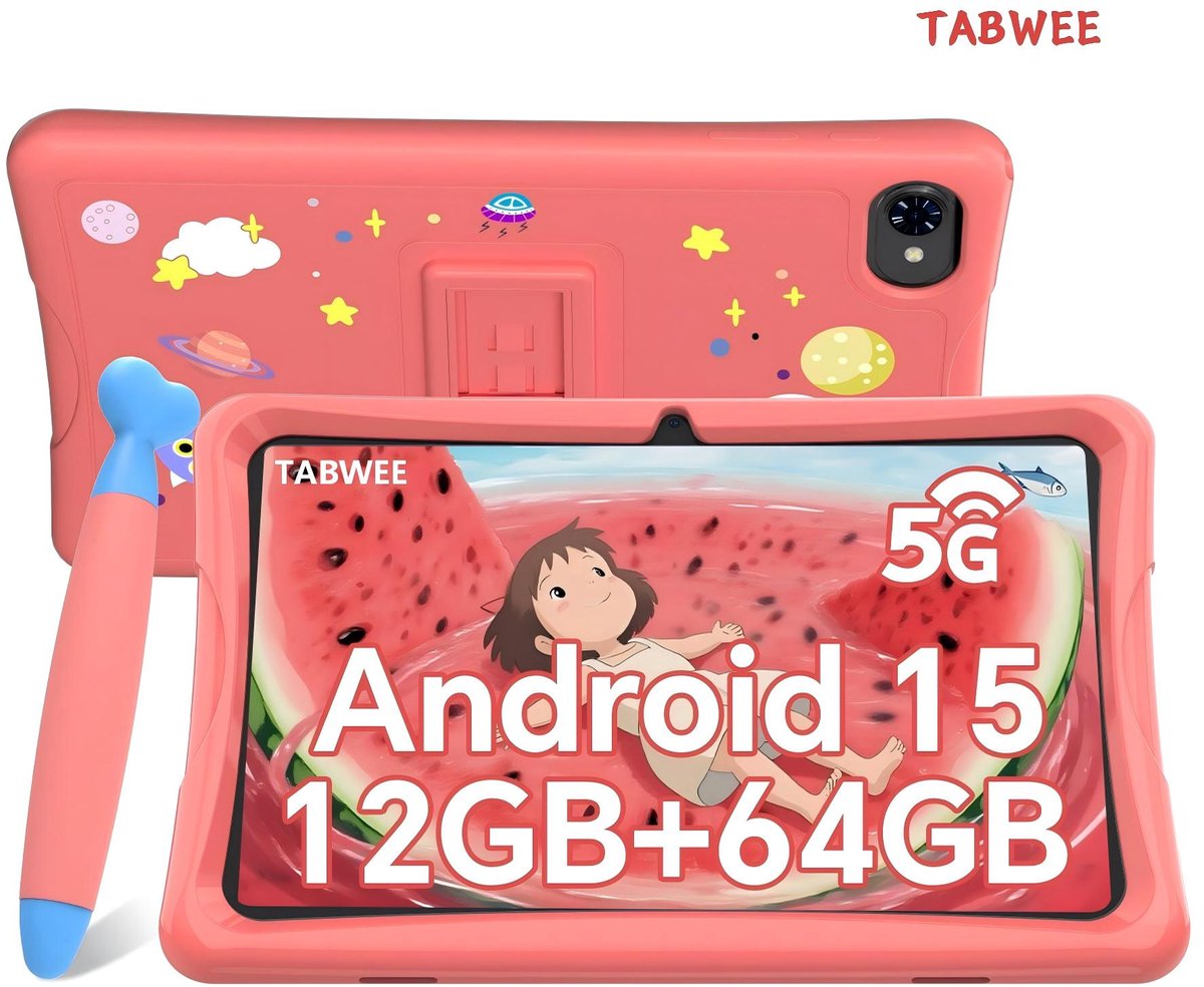 TABWEE K10 Tablet - 10.1 Inch FHD - 12GB RAM - 64GB ROM - SD 2TB - 5000 mAh - Android 15 - WiFi 6 - uitstekend cadeau voor kinderen - Roze