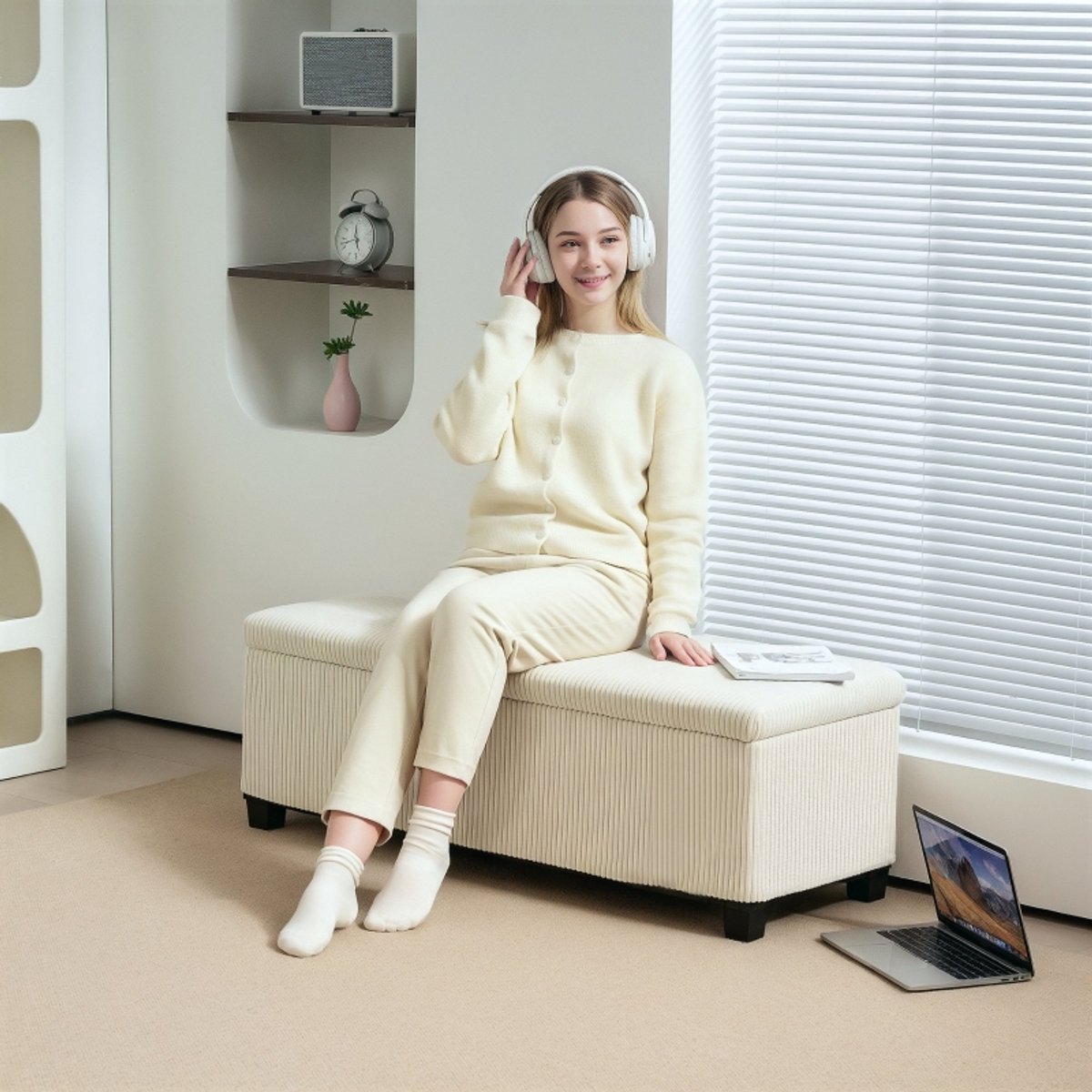 OKWISH Opbergbank Praktisch – Verborgen Opbergruimte – 112 X 42 X 40 Cm – Polyester – Beige – Met Stalen Poten Voor Woonkamer En Hal