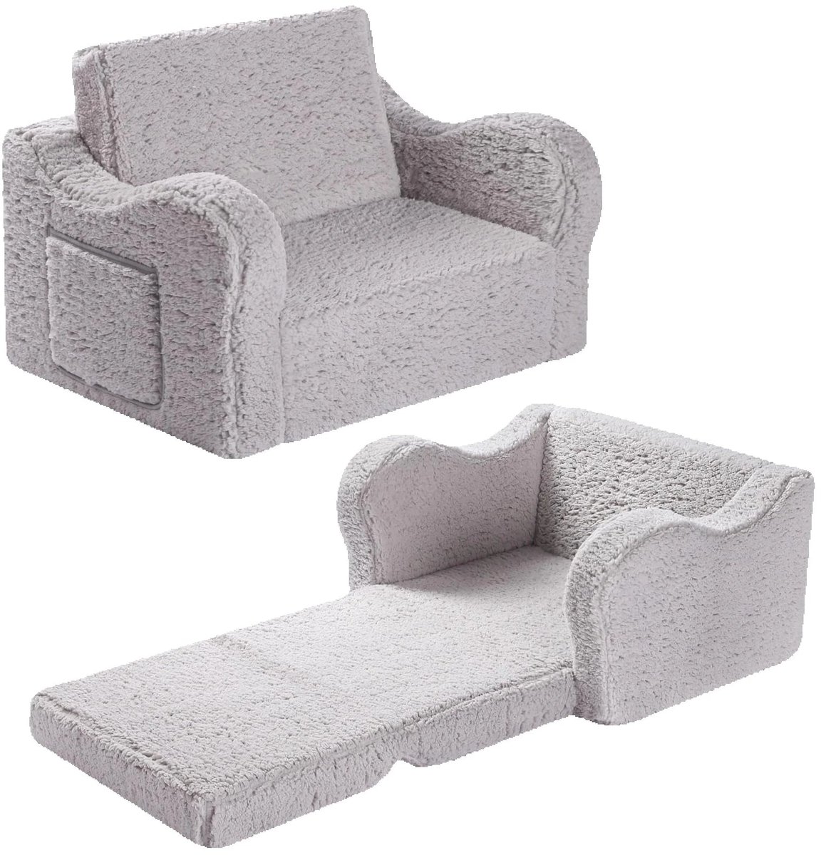 CINK & Co Kinderbank 2-in-1 - Uitklapbare kinderfauteuil en bed - Wasbare sherpa hoes - Vanaf 18 maanden - Lichtgrijs