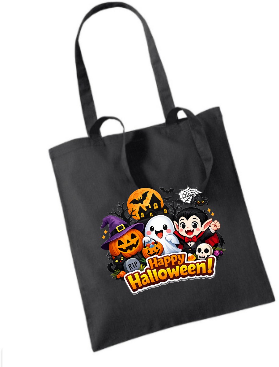 Zwarte happy Halloween tas-Halloween snoep tas-Trick or treat- Halloween optocht snoep- Sint Maarten.