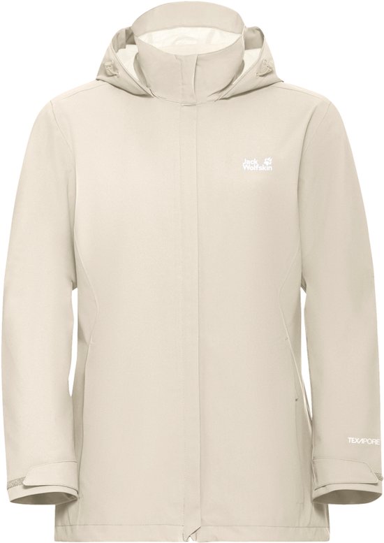 Avant d'une veste d'extérieur Jack Wolfskin beige avec capuche.