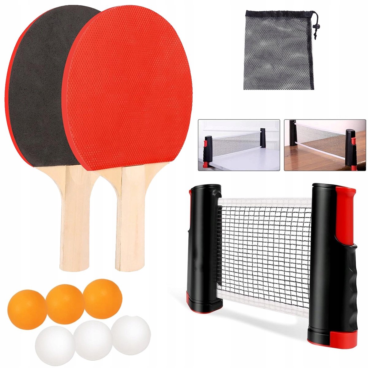 Complete Tafeltennisset: 2 Batjes, 6 Ballen, Net & Tas
