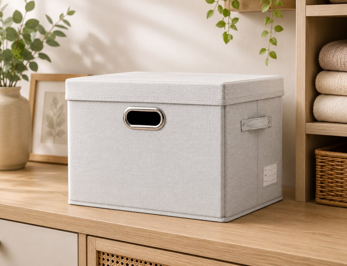 Opvouwbare opbergdoos met deksel, linnen stof organizer, kubus met handvatten, beige, 43x30x30 cm