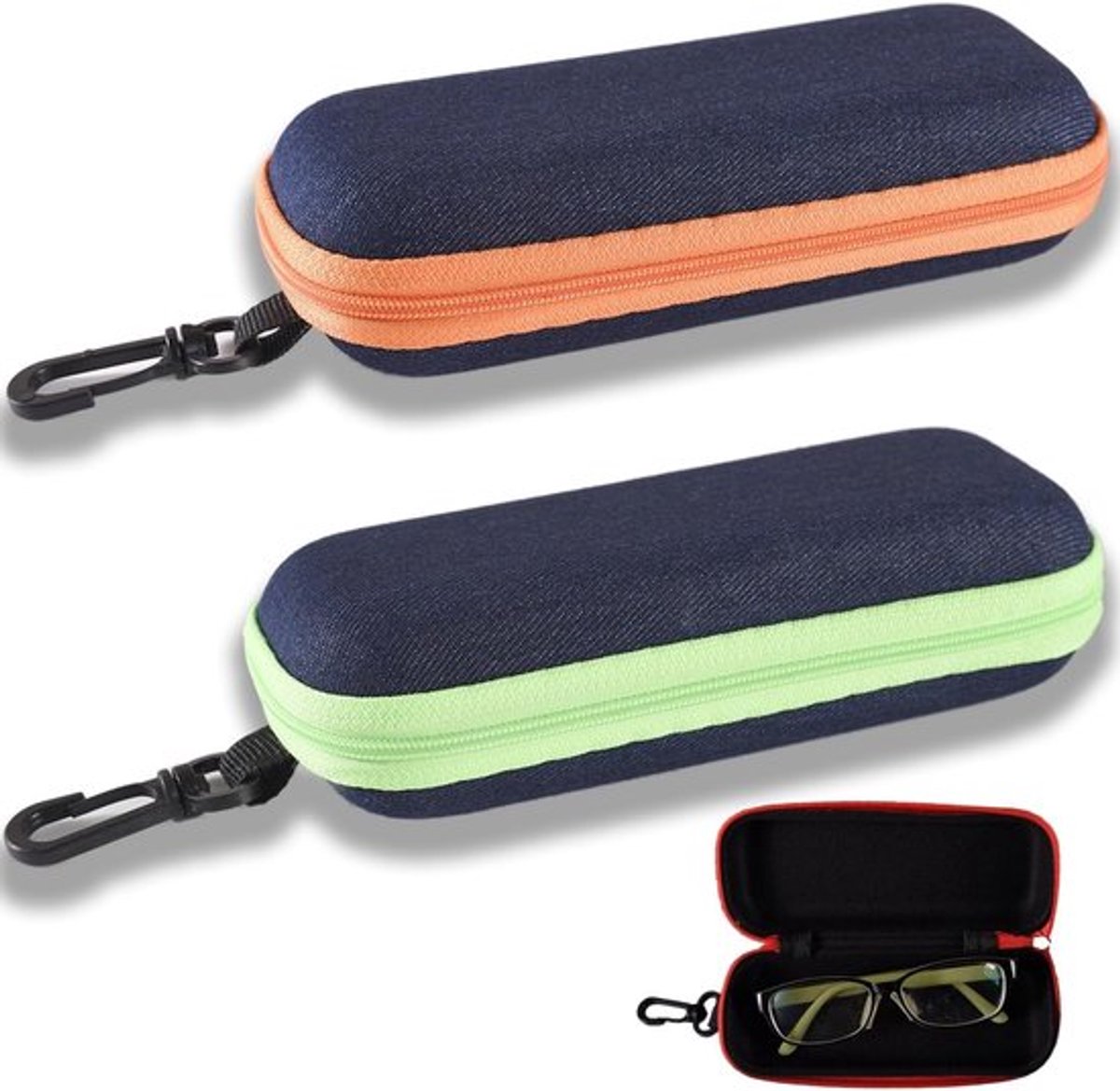2 Pcs Draagbare Denim Brilhoes, Mode Zachte Denim Stof, Rits Bril Bescherming, Harde Bril Case (Rood, Zwart)