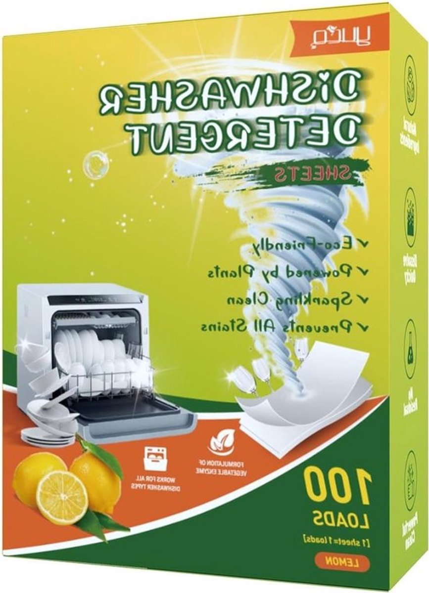 100 Afwasmachine Vellen - Biologisch, Plasticvrij, Chemievrij, Krachtige Reiniging, Snelle Oplossing, Geen Restanten, Citroengeur, Milieuvriendelijk en Effectief
