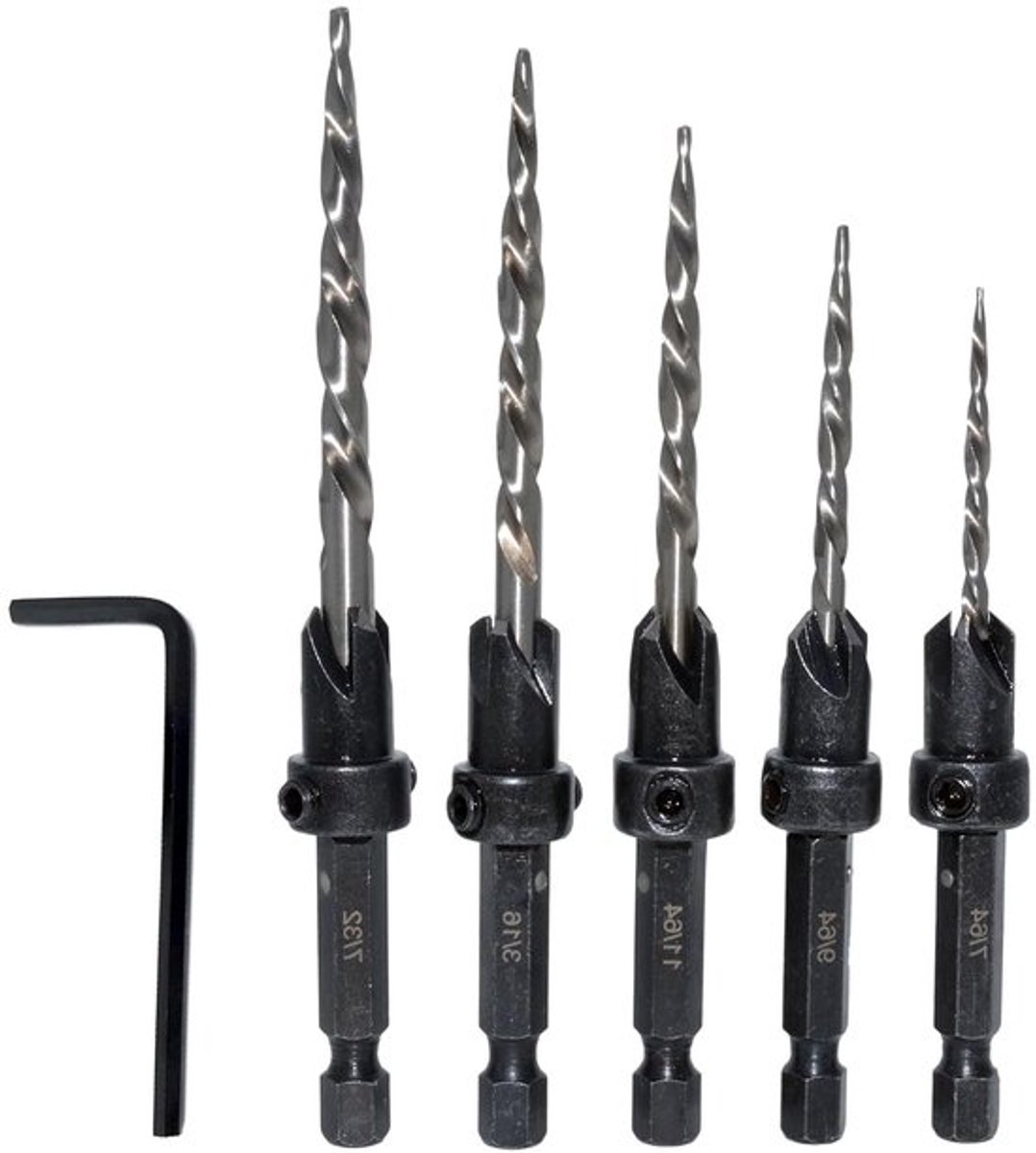 Countersink Boor Set 5 Stuks - Hex Shank 3-in-1 Hout Pilot Boren voor Schroefgaten met Diepte Stop en Snelle Bevestiging