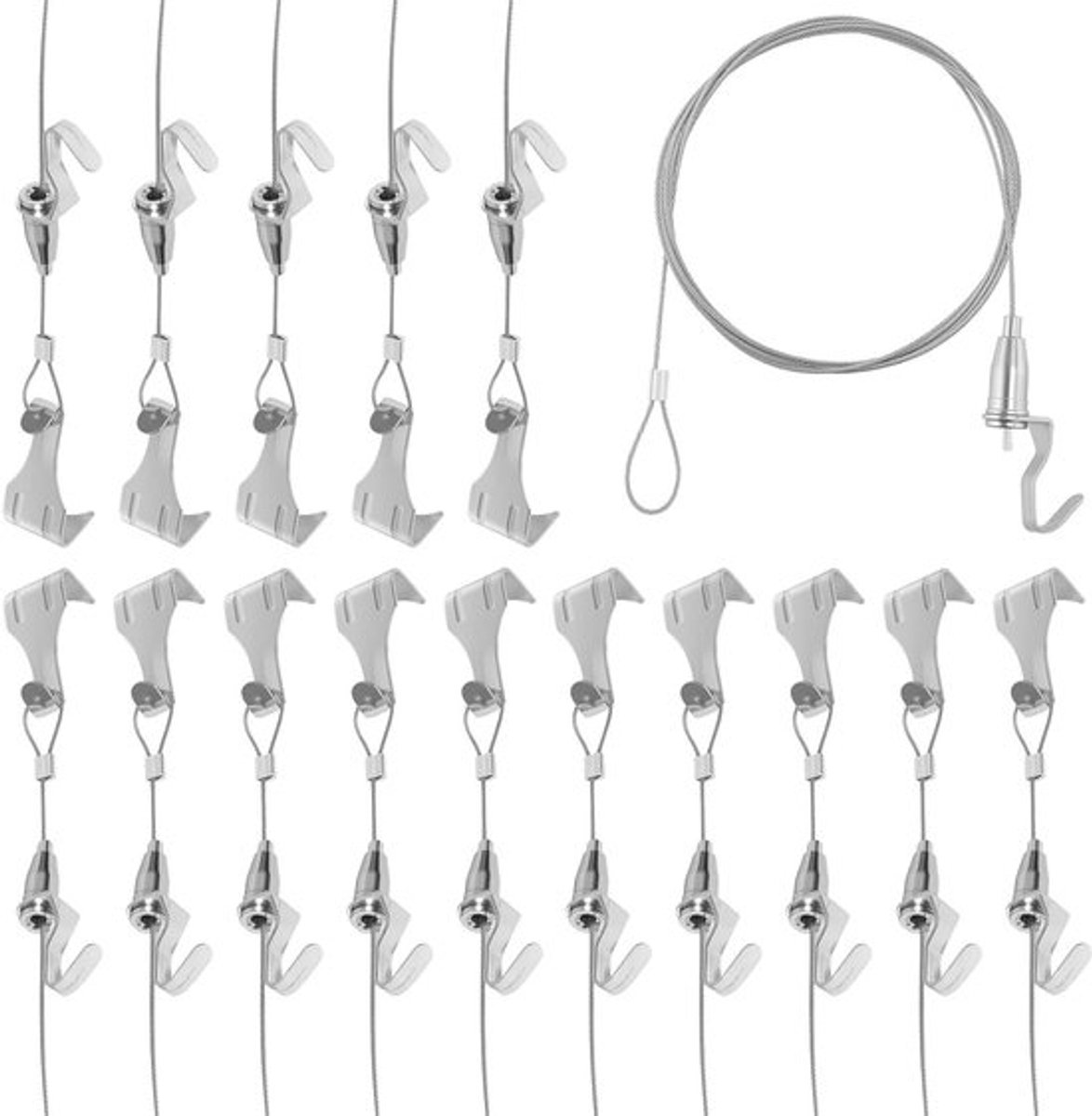 15-delige set van 2m x Φ 1.5mm railhaken en draad, roestvrijstalen ophangset voor foto's, kunst en decoratie met verstelbare haken en een draagvermogen van 40kg