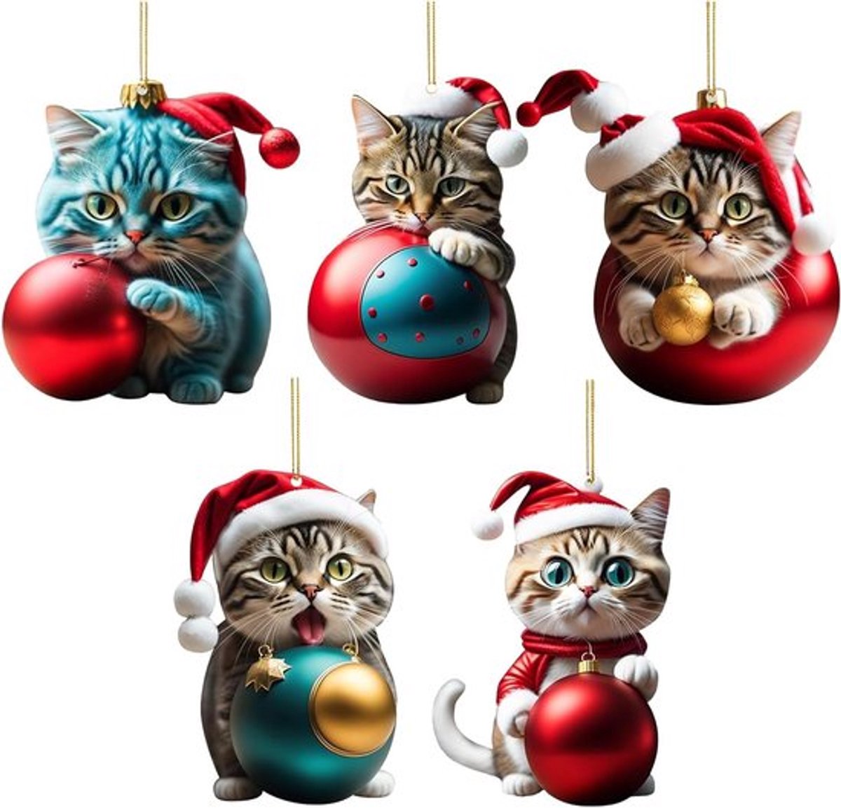 Vijf kerstboom kattenhangertjes, kleurrijke acryl decoraties, schattige 2D kerstversieringen voor een feestelijke sfeer en cadeau-ideeën