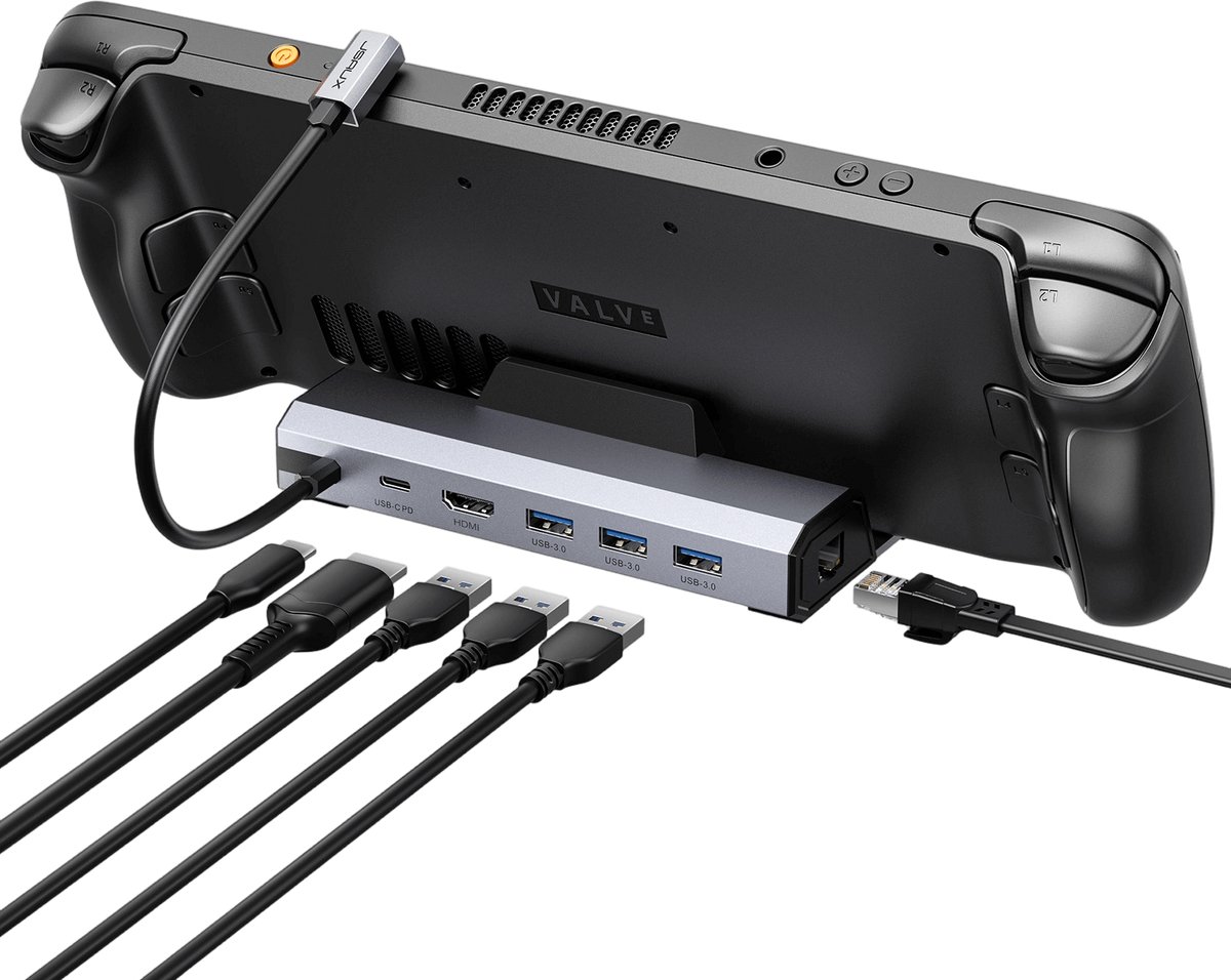 JSAUX 6-in-1 Docking Station voor Steam Deck / ROG Ally / Legion Go - HDMI 2.1 4K@120Hz - 100W PD - Gigabit Ethernet - Grijs - HB0603S