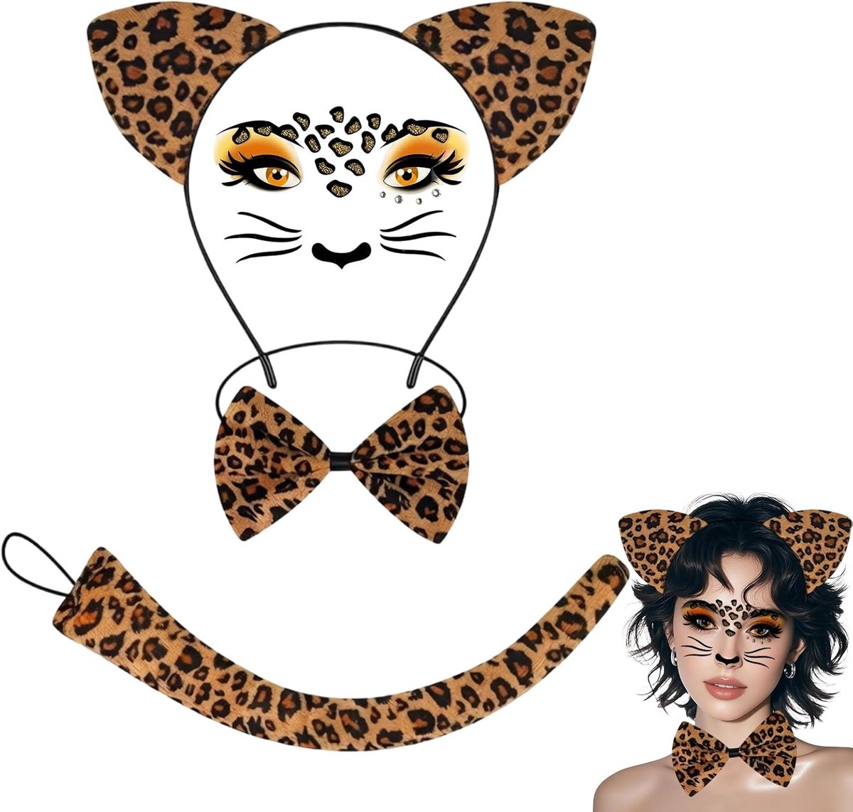 3-delige kattenoren-haarbandset met luipaardgezichtsstickers, donkere spons met ijzeren sluiting, schattige - ShopVlot