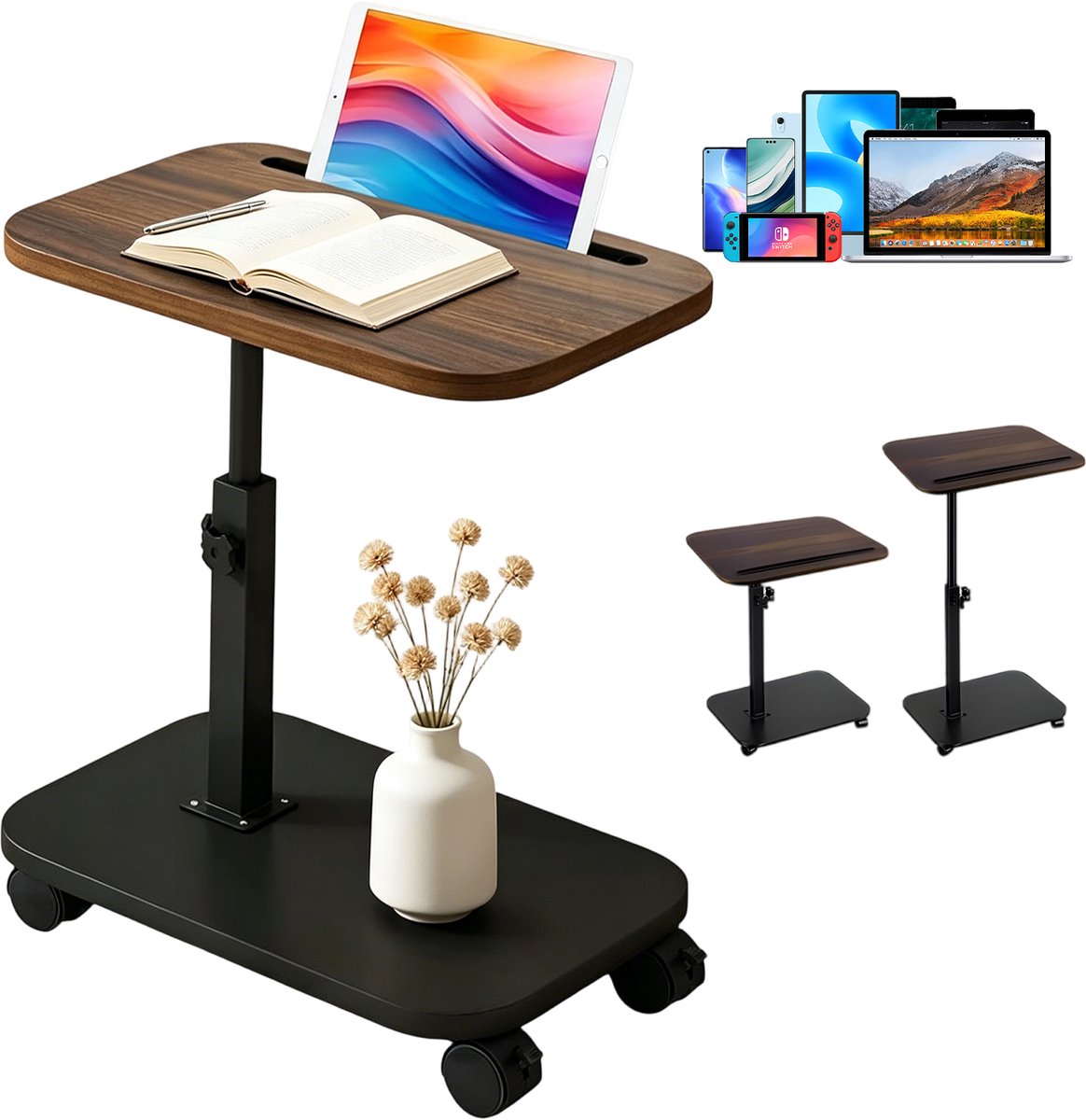 In Hoogte Verstelbare C-vormige Bijzettafel - Laptoptafel voor Bank en Bed - Hoogte 46–82 cm - 360° Draaibaar Tafelblad - Stabiel Stalen Frame - Ruimtebesparend Ontwerp - Voor Werken, Lezen, Eten en Ontspannen