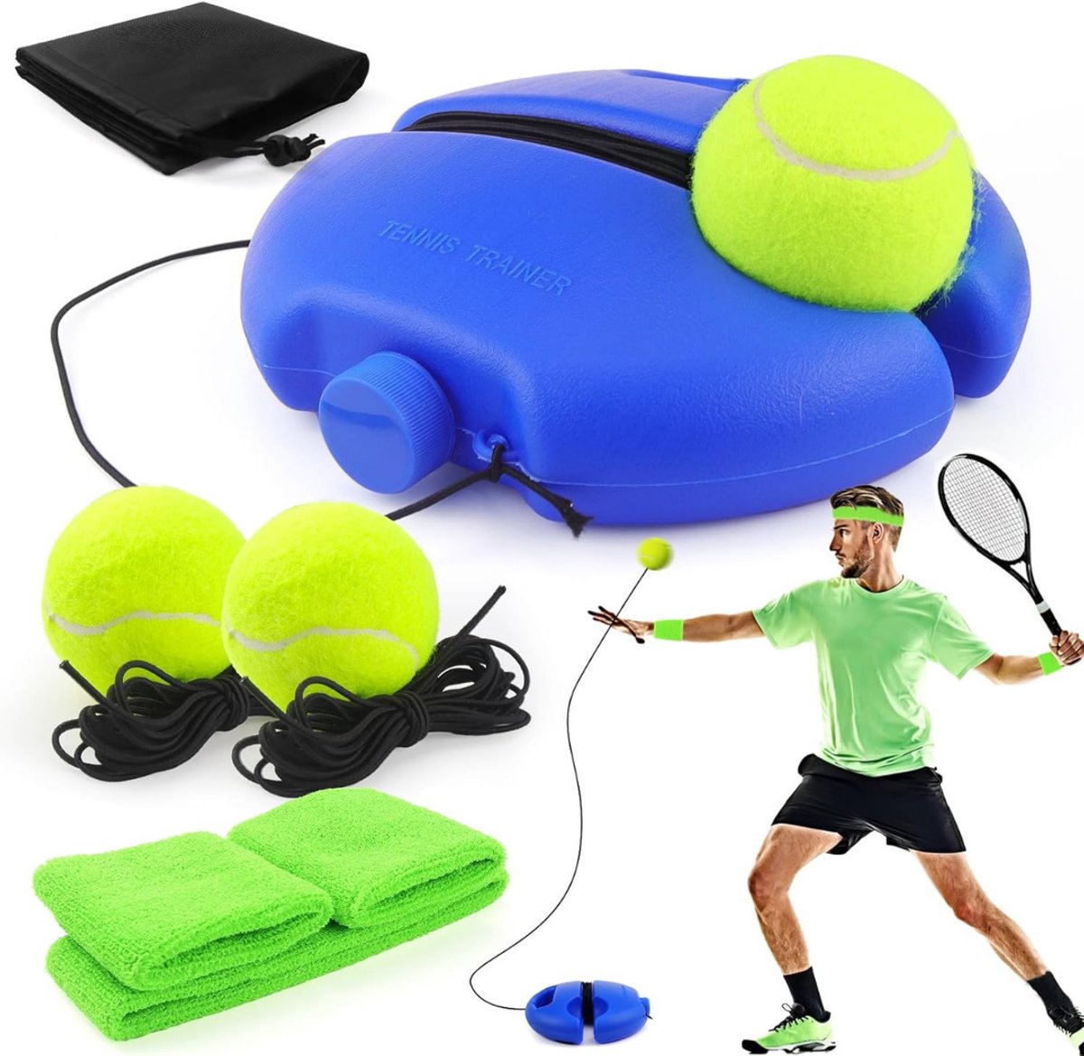 QUOVO® Tennispaal - Swingball - Tennis Paal Met 2 Ballen - Tennispaal Swingbal - Tennispaal Kinderen En Volwassenen – Tennis Trainer – Voor In de Tuin - Oefening - Blauw - 25cm x 25cm x 8cm