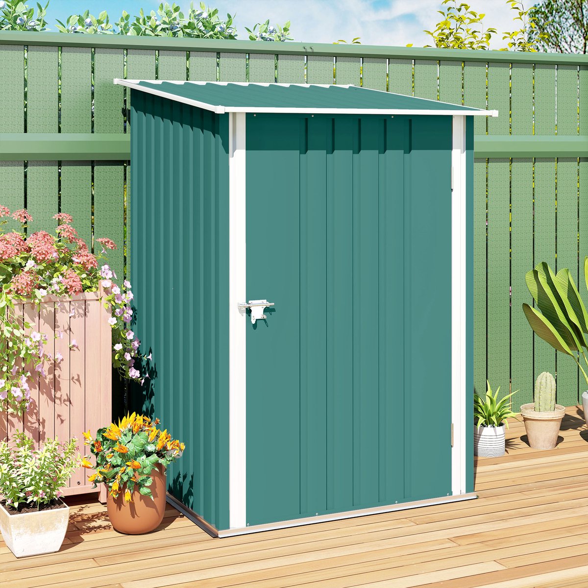 100 x 103 x 160 cm Metalen Tuinhuisje met Lessenaarsdak, Gereedschapsschuur met Afsluitbare Deur, Tuinberging voor Gereedschap, Buitenopslag, Opslagkast voor Tuin, Fietsenberging, Berging voor Terras en Tuin, Tuinschuur, Groen