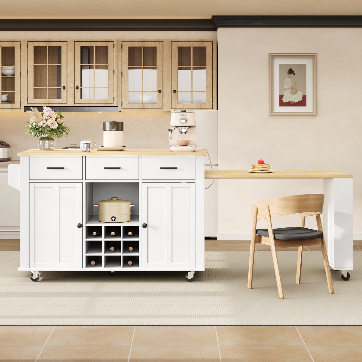 VVBV Keukentrolley 136x50x93 cm - Op Wielen, Werkblad, Opbergruimte, USB-Aansluiting - Naturel/Wit, MDF