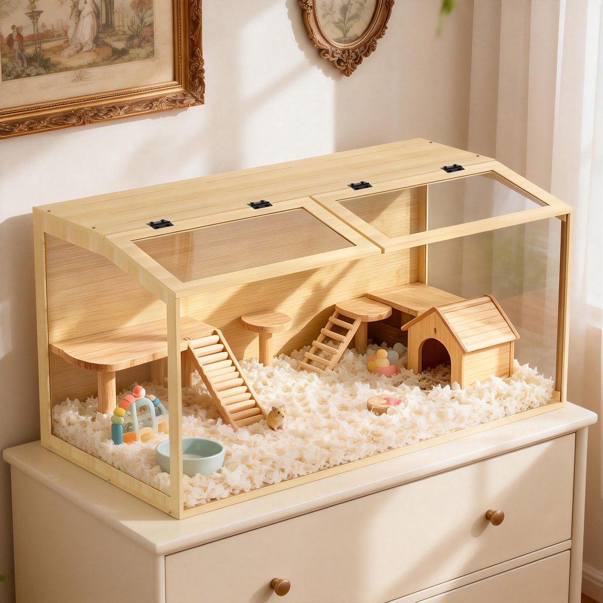 BingoPaw Hamsterkooi 120 cm - Houten Terrarium met LED Verlichting - Premium Gehard Glas & Antibijt Multiplex - Grote Knaagdierenkooi voor Dwerghamster, Goudhamster & Cavia