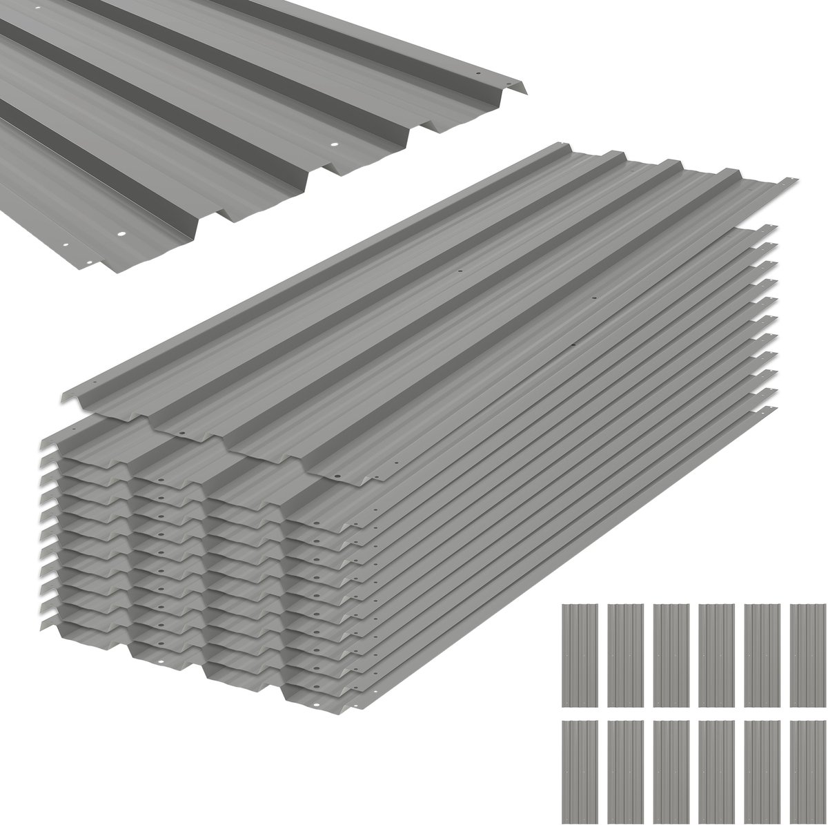 12 trapeziumvormige platen – 129 x 45 cm, 7 m² – lichtgrijs verzinkt – 0,25 mm – verzinkt staal