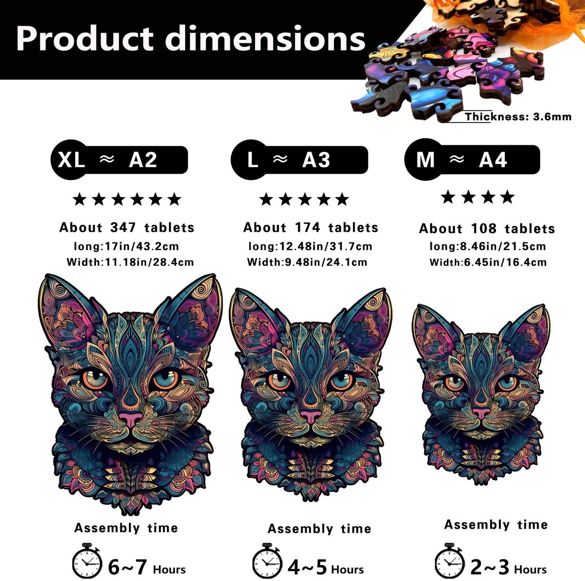 Casalora Houten Puzzel voor Volwassenen 174 Stukjes – Kattenkop – Unieke Vorm Puzzel — cadeau in Spellen & Speelgoed - foto 3