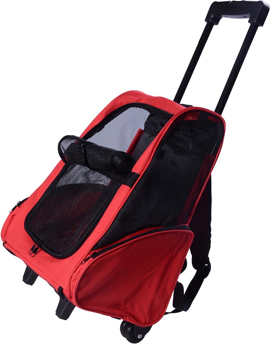 2-in-1 trolley - rugzak - transporttas met wielen voor honden en katten - Met opbergtas - ventilatieopeningen en veiligheidssluiting - 42 x 25 x 55 cm - rood