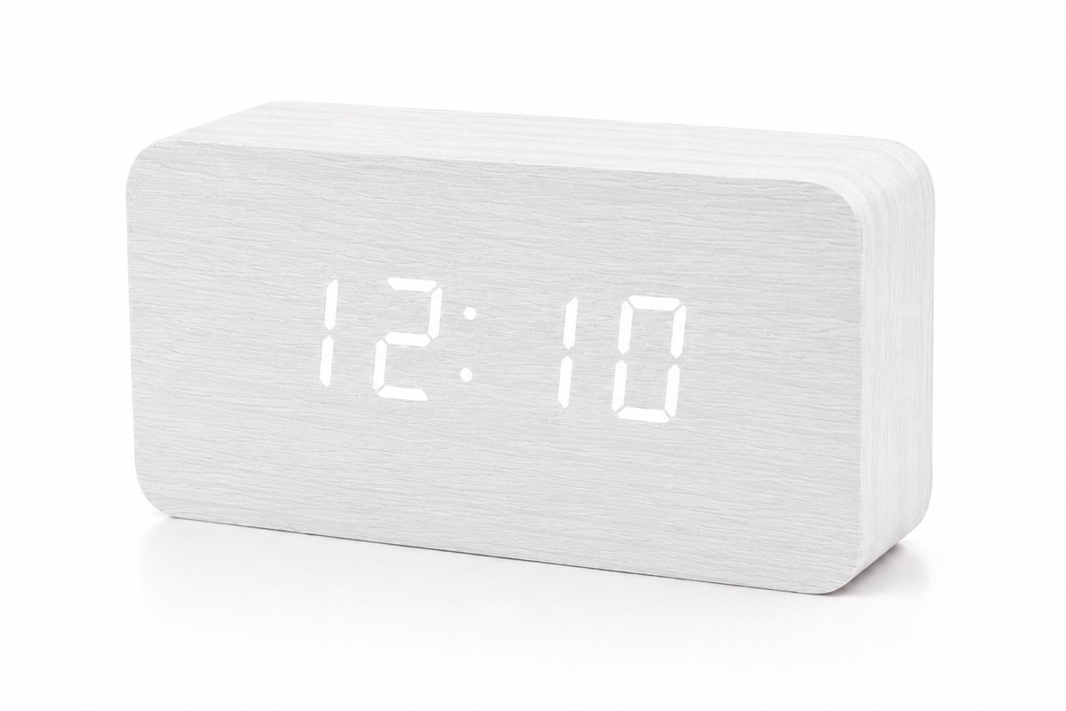 AXBO Digitale Houten Wekker – 3 Alarmen – Snooze – Sound Control – LED Display – USB + Adapter Inclusief- Wit