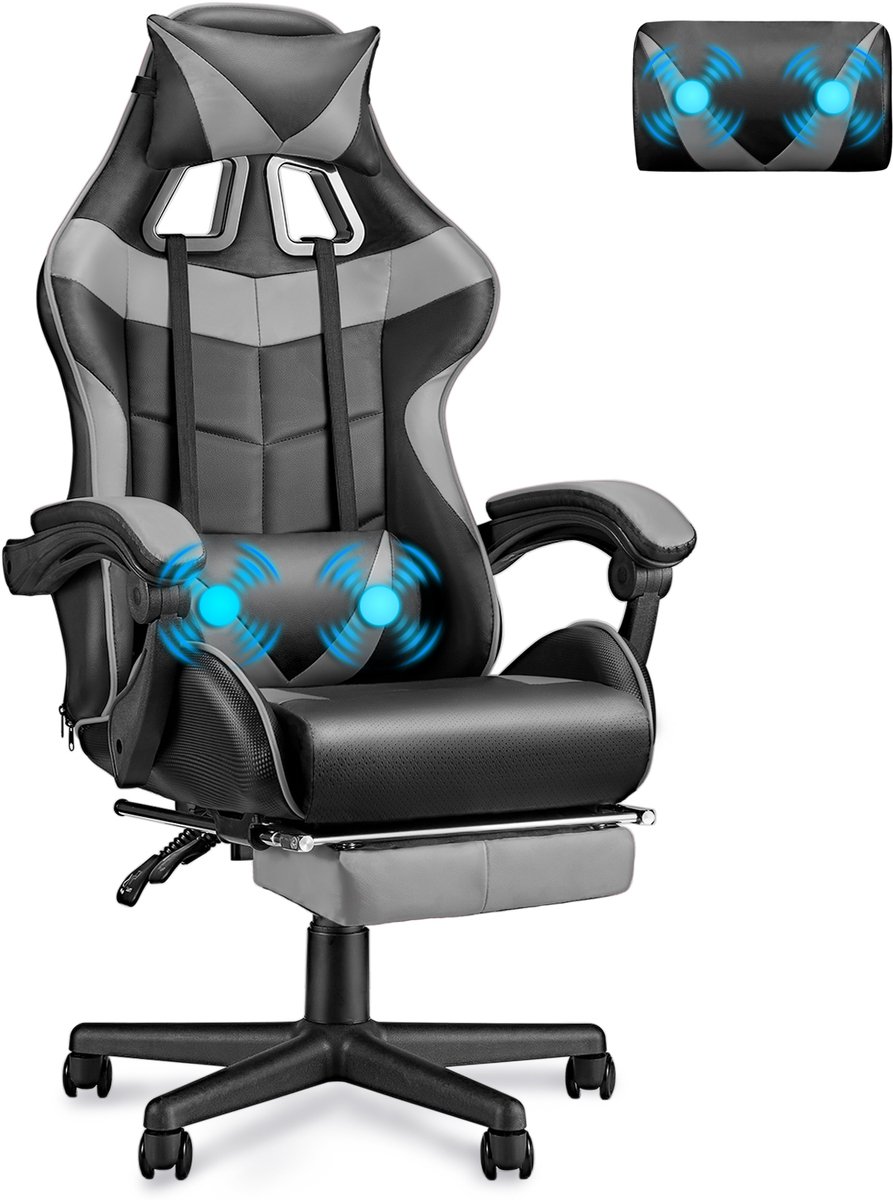 Arvioo-Gamestoel-Massage Voetsteun-Verstelbaar-Grijs