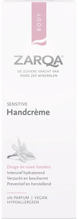 Wit doosje ZARQA Handcrème Sensitive met roze accent en de tekst 'Droge en ruwe handen', '0% PARFUM | VEGAN | HYPOALLERGEEN'.