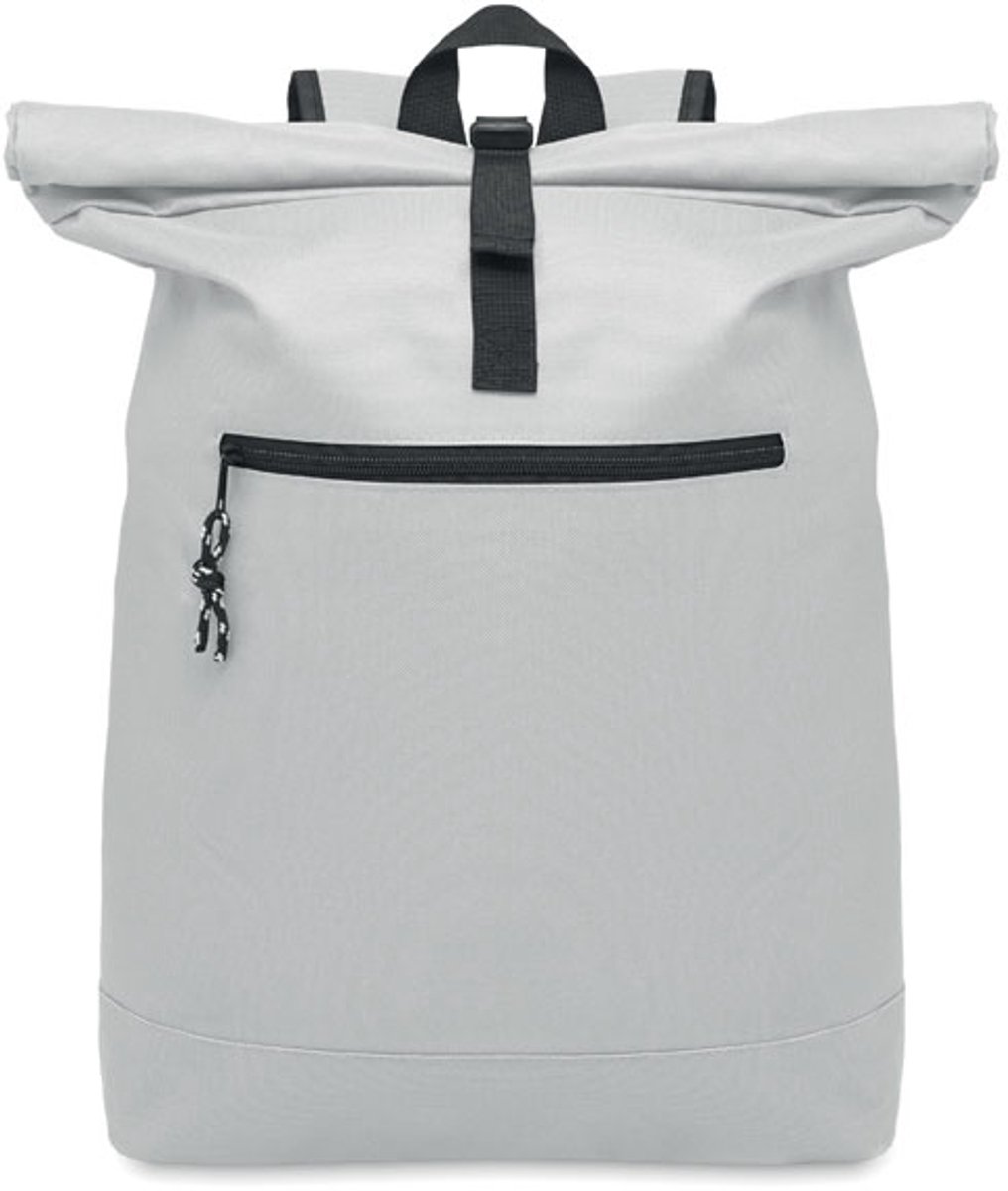 15 inch rolltop laptoprugzak van 600D polyester met gewatteerde achterkant en versterkte bodem. Afsluitbaar voorvak met rits. 210D voering. wit