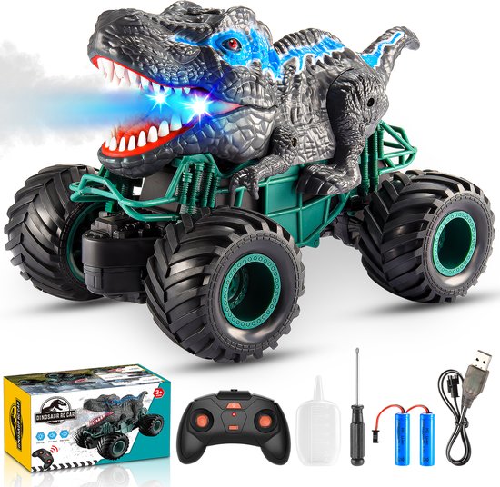 Dinosaurus RC monster truck met grote, stoere wielen. De dinosaurus heeft gloeiende blauwe ogen en spuit een miststraal uit zijn bek. Meegeleverd: doos, afstandsbediening, schroevendraaier, flesje en batterijen.