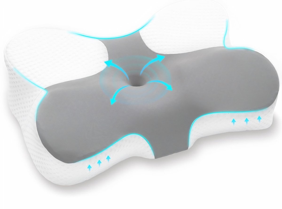 Ploutos® Hoofdkussen Nekklachten - Ergonomisch Hoofdkussen - Drukverlagend Traagschuim - Wit/Grijs - 60cm x 36cm x 13cm