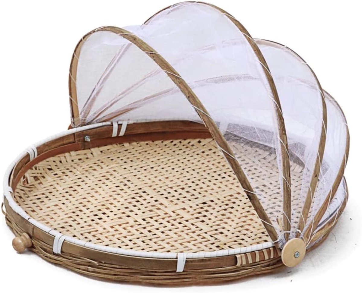 KZQ Handgeweven Ronde Voedselmand Van Natuurlijk Zeegras Met Gaasafdekking – Perfect Voor Tuin, Picknick, Feest En Presentatie