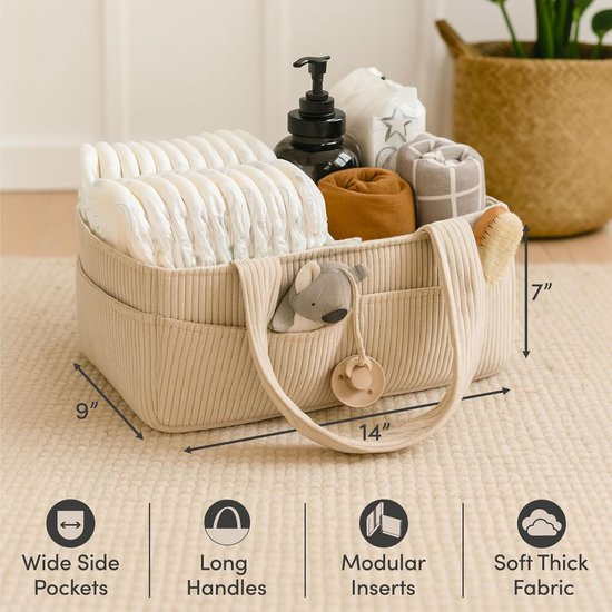 Luieropbergmand - Luiertas - Luiermand met grote capaciteit - Luieropbergmand voor in de auto - 35x23x18cm - Opvouwbaar - Corduroy - Geschikt voor auto-interieurs, kinderkamers, badkamers en buitenactiviteiten - Beige — afbeelding 2