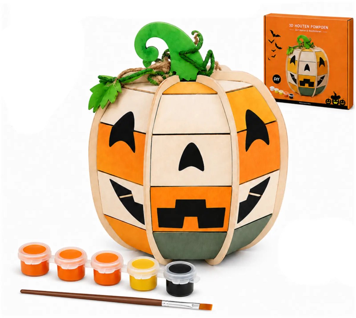 Halloween Pompoen houten bouwset - Inclusief verf en kwast - Met stickers - Knutselpakket
