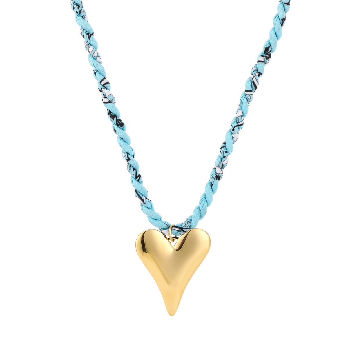 Matthew Studio® Dames Ketting met Hart - Ketting - Lichtblauw - Goudkleurig - Gevlochten Stoffen Band - 40 + 5 cm