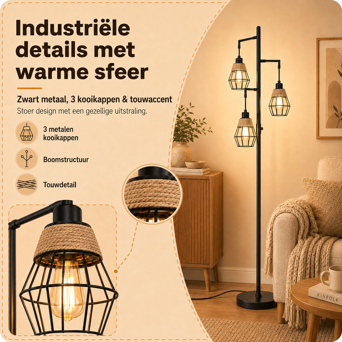 Lapamax Vloerlamp Industrieel Zwart - Traploos Dimbare Hoeklamp met E27 LED Lampen 3000K thumbnail 3