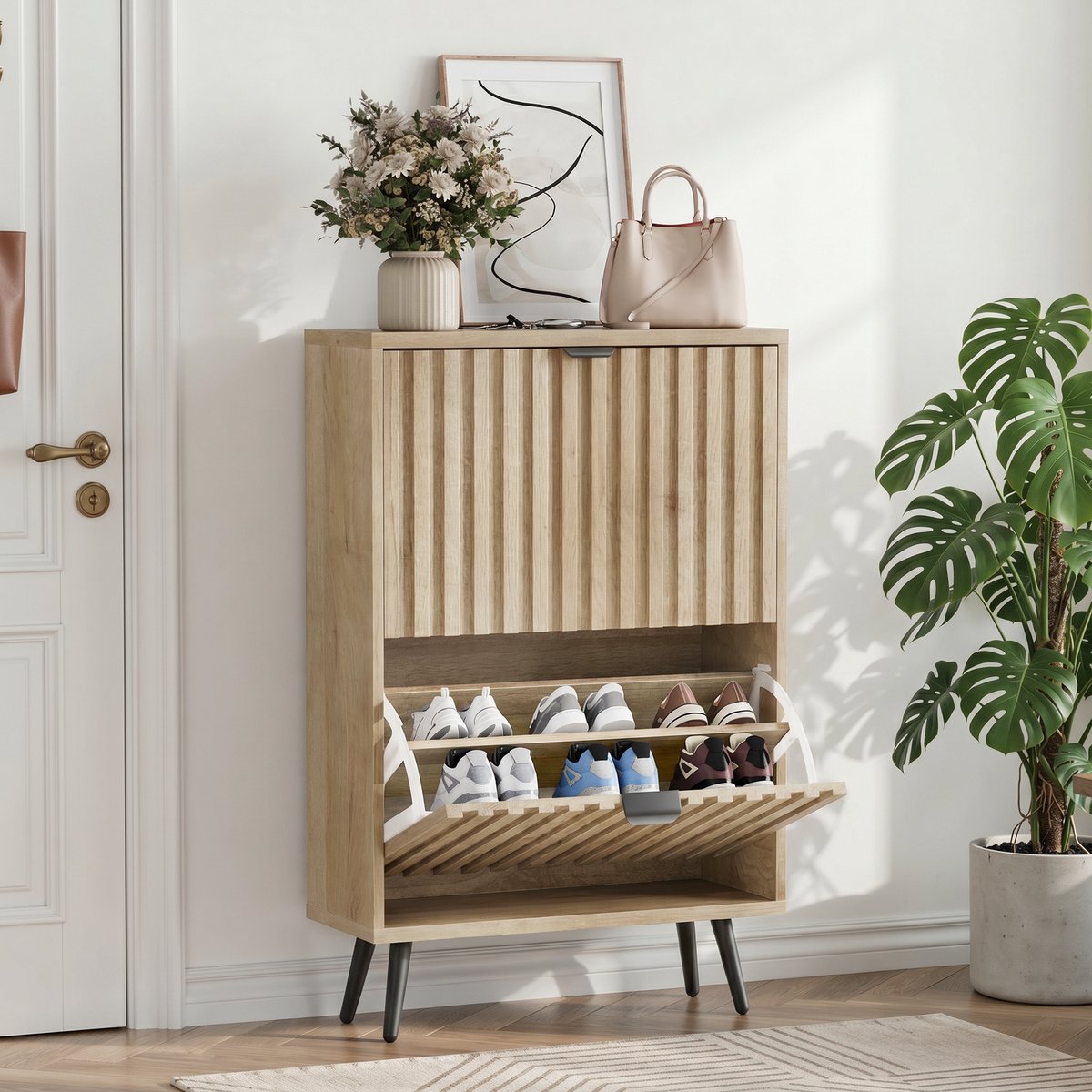 MIVRAY Schoenenkast - Smal Staand Rek Met Dubbele Kiepvakken En Rilfront - Voor Hal En Entree - MDF - Oak - 60x24x95 Cm