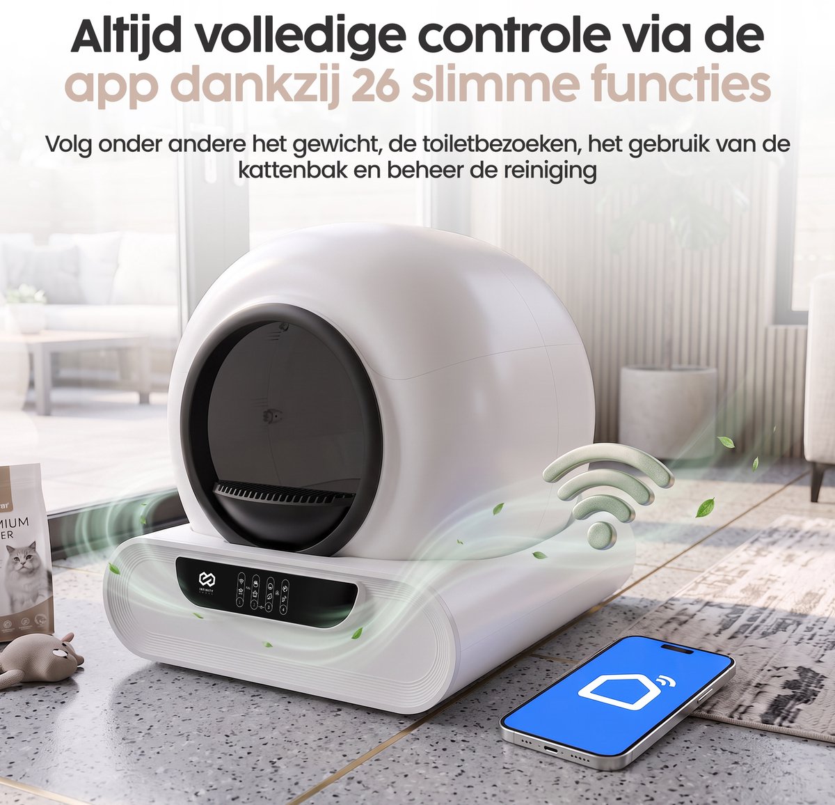 Infinity Goods Automatische Kattenbak XXL - Zelfreinigende Kattenbak - Incl. App - 75L - Met Kattenbakmat en 3 Rollen Opbergzakjes thumbnail 4