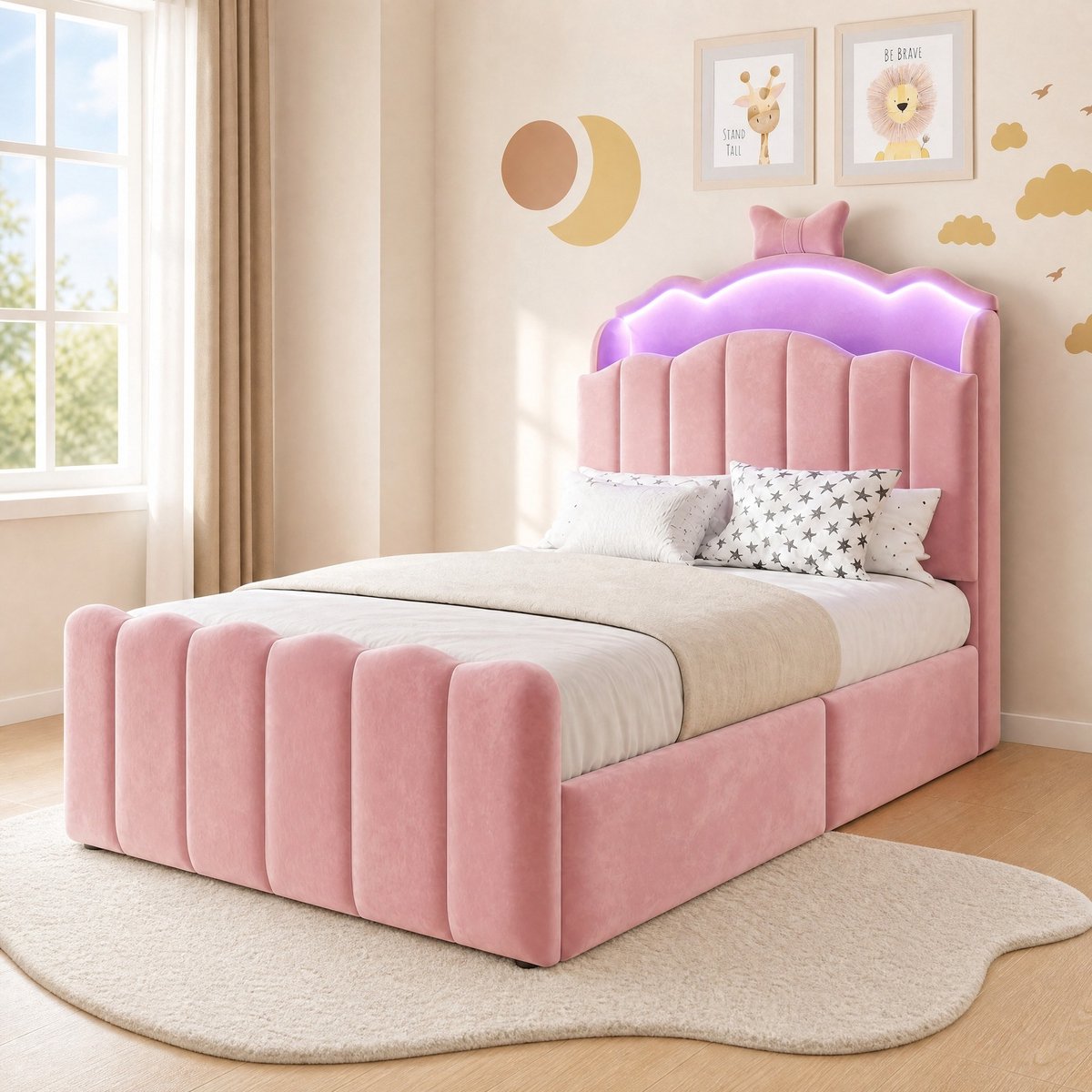 Kinderbed 90 x 200 cm Zonder Matras – Fluwelen Bekleding Met LED-Verlichting En USB-C – Opbergruimte In Hoofdbord – Roze