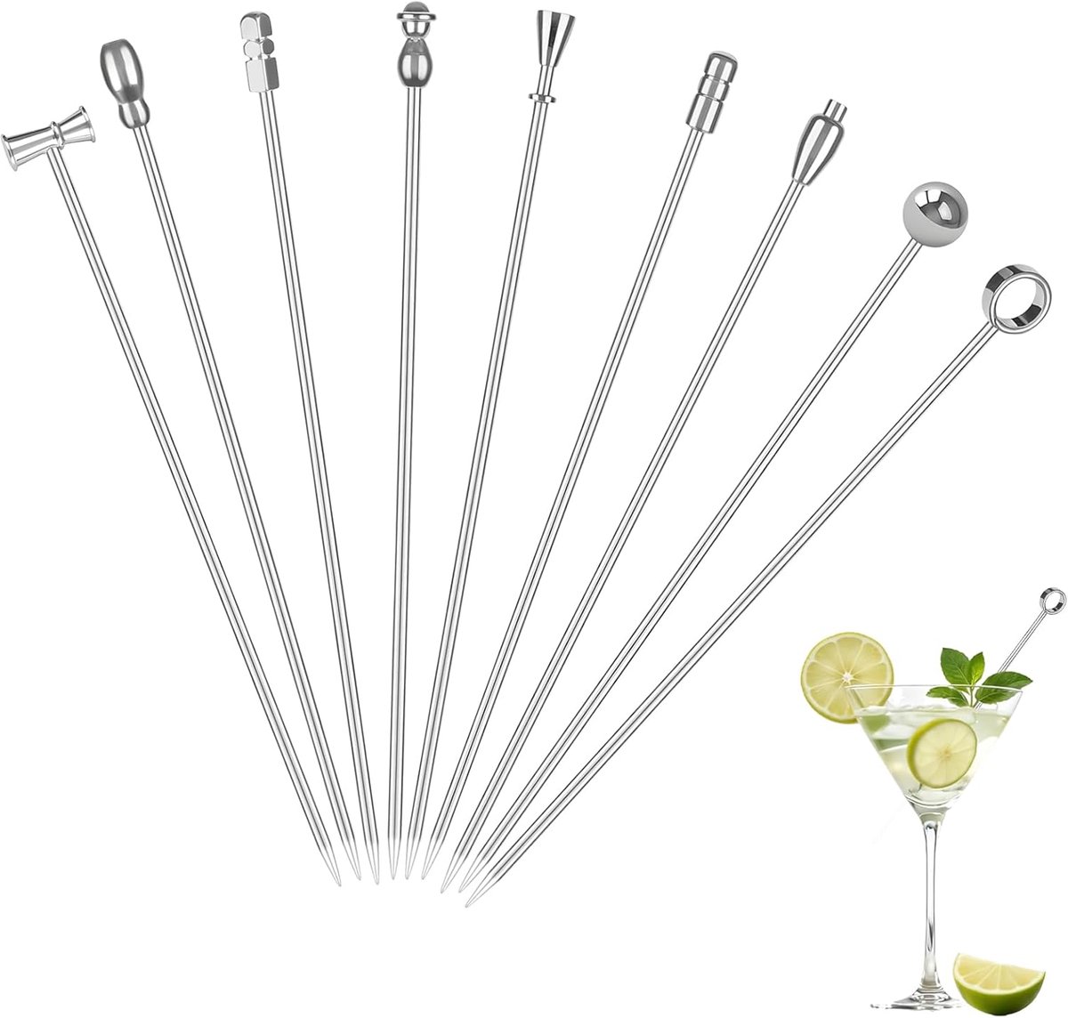 VelvetGlow Martini Cocktail Picks 9 stuks, 10,4 cm Olijvenprikkers van roestvrij staal, Herbruikbare Garneerstaafjes - ShopVlot