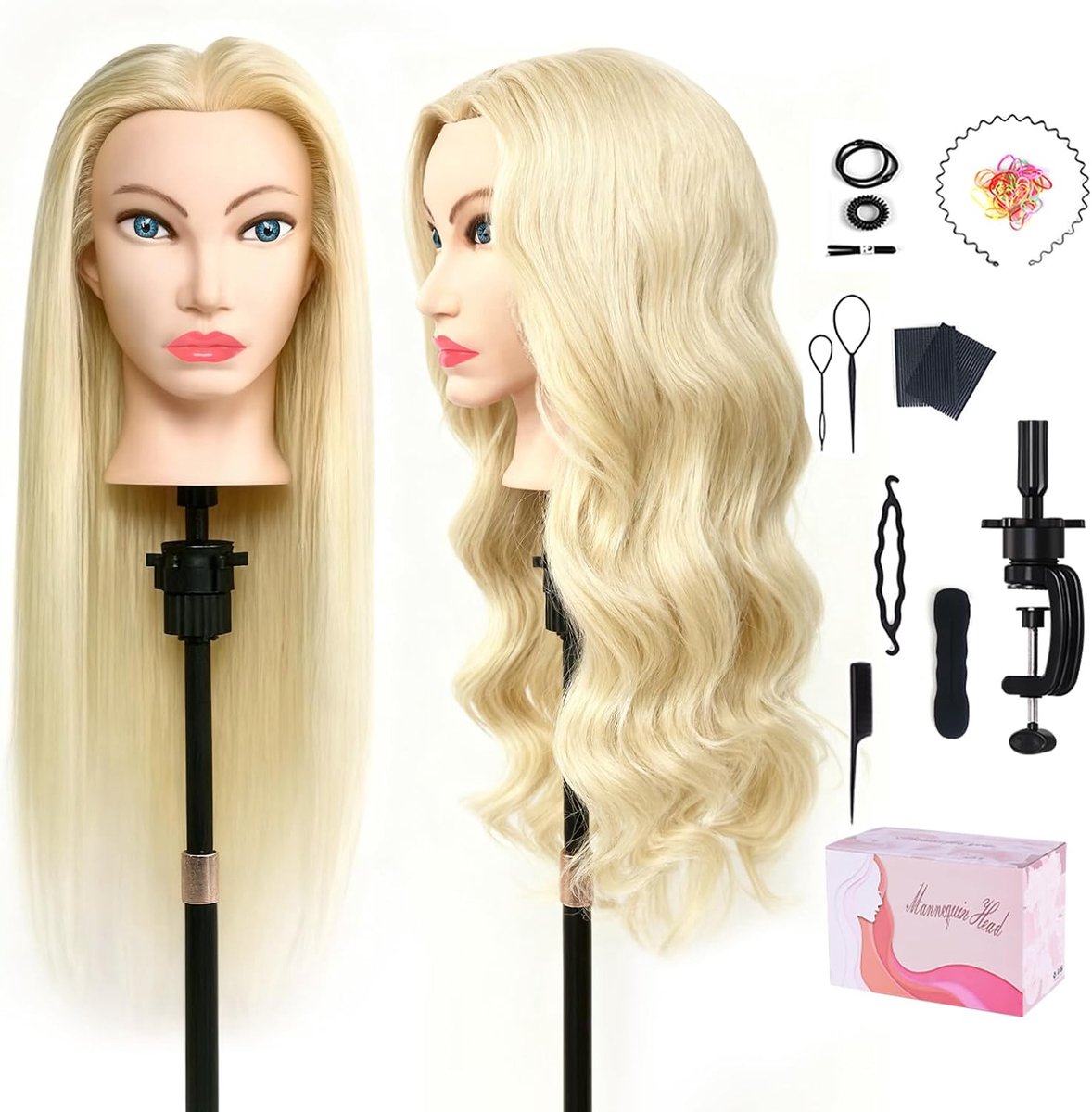 Hair Head 66 cm Doll Head for Styling Long Hair, 80% Natural Hair, Training Head, Hairdresser Practice Head with Braid - ShopVlot