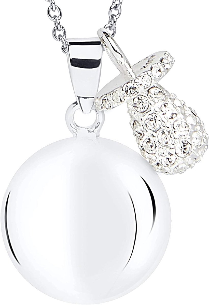 MAMIJUX Engelsrufer with pacifier pendant with white crystals and steel chain with 110 cm long - ShopVlot