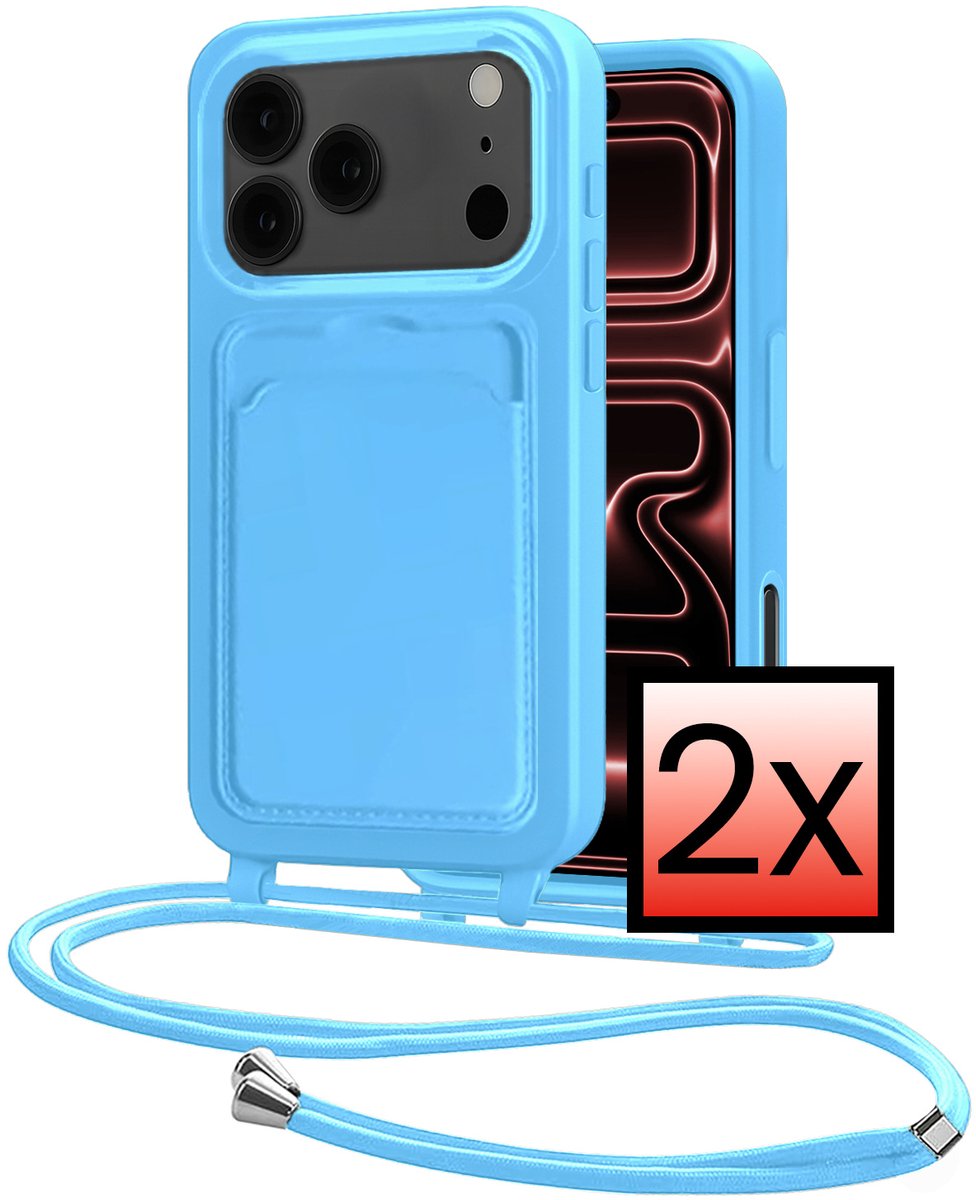 Hoes Geschikt voor iPhone 18 Pro Met Telefoonkoord - Siliconen Hoesje Backcover Met Ketting - Lichtblauw - 2 PACK