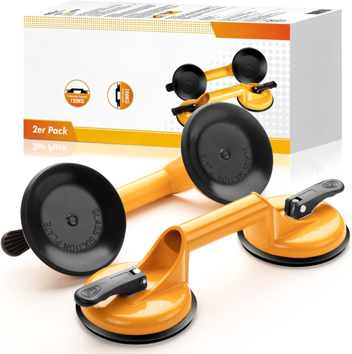 QUOVO® Tegeltiller – Tot 120 KG - Tegeldrager – Verpakking van 2 - Tegellifter - Tegeltiller Vacuum - Tegel zuignap – Voor Tegels, Laminaat, Ramen En Glas - Geel - 33cm x 12cm x 7cm