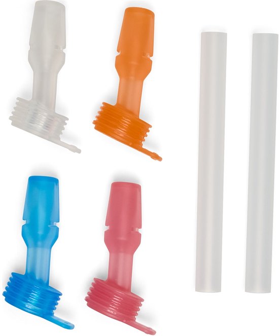 Vier CamelBak Thrive kindervervangende rietjes en bijtventielen in wit, oranje, blauw en roze.